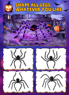 4.9Ft Giant Halloween Spider Decoration - 38 LED Light-Up Black Spider with Red Eyes