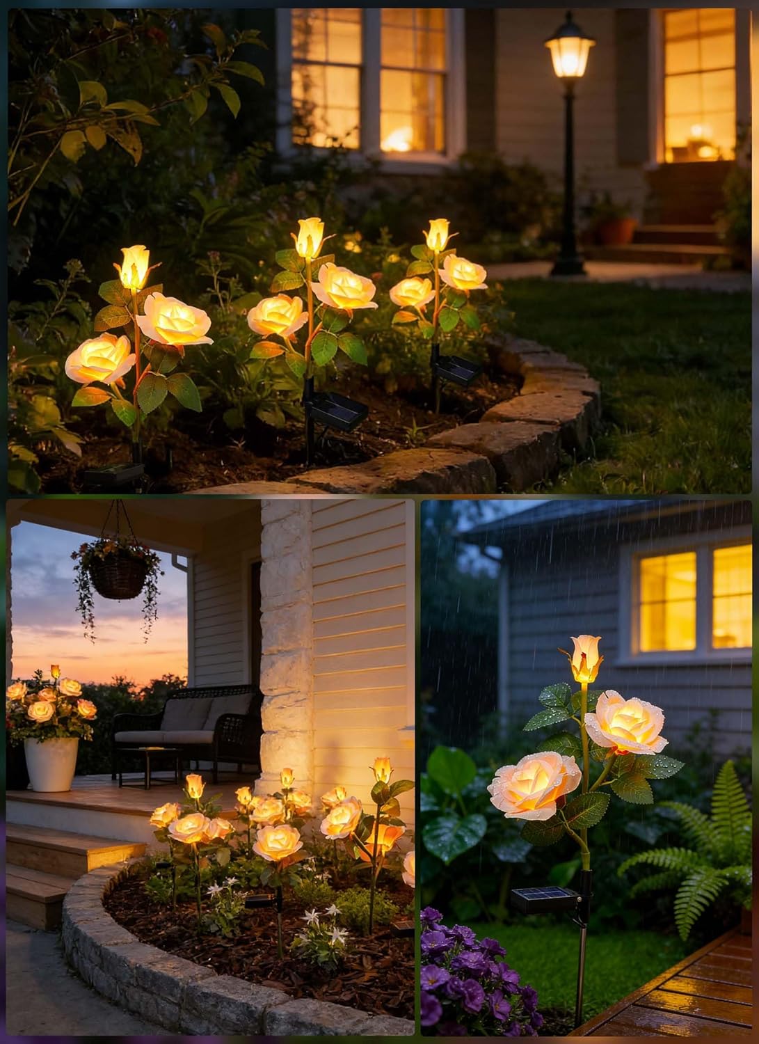 4 Pack Realistic Champagne Rose Flowers Solar Garden Pathway Lights for Yard & Patio Decorations