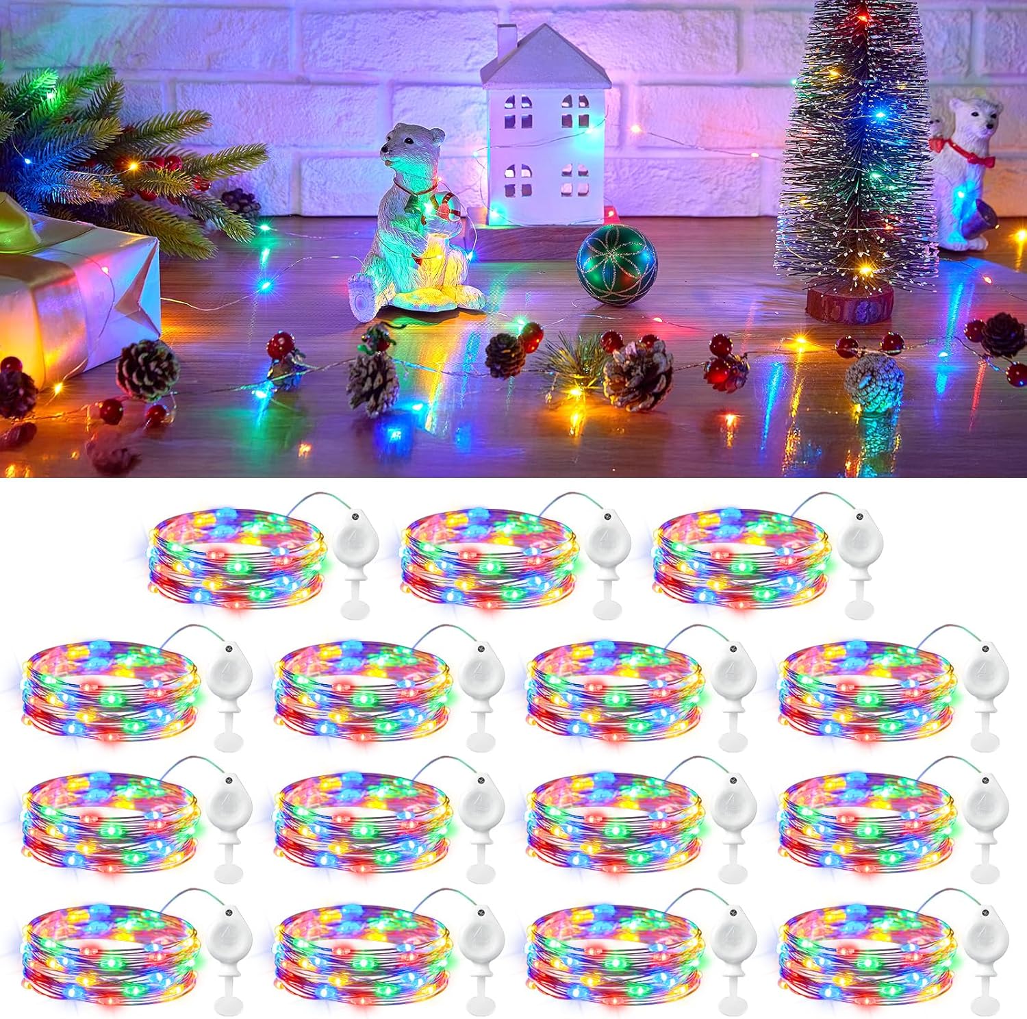 14 Pack 7FT 20 LED Battery Operated Silver Wire Firefly Starry Moon Lights for DIY Crafts, Multicolor