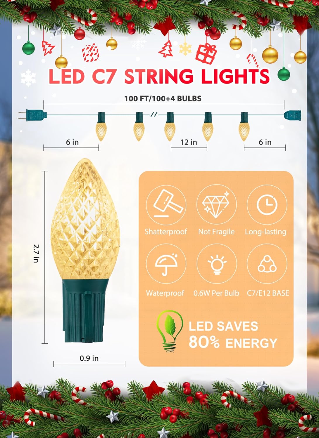 100FT C7 100 Bulbs LED Warm White Christmas Lights Outdoor for Christmas Tree Roofline Xmas