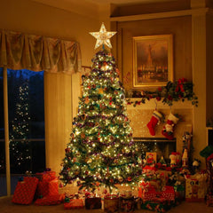 Christmas Star Tree Topper, 9.5 in Plug in Golden Glittered 3D Star Tree Topper, Metal Hollow Designed Built-in 10 Bulbs String Lights for Indoor Office Christmas New Year Holiday Tree Decoration