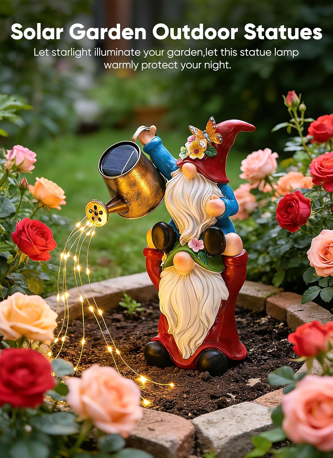 Solar Powered Gnome Statue with Watering Can Lights for Garden Backyard Decor