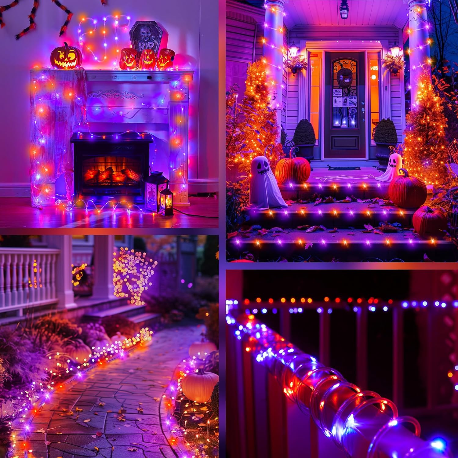 39FT 100LED Solar Rope Lights for Halloween Haunted House Party, 8 Modes, Orange and Purple