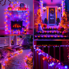39FT 100LED Solar Rope Lights for Halloween Haunted House Party, 8 Modes, Orange and Purple