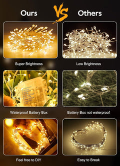2 Pack Warm White 5ft 60 LED Battery Operated Silver Wire Firecracker Cluster Lights with Remote