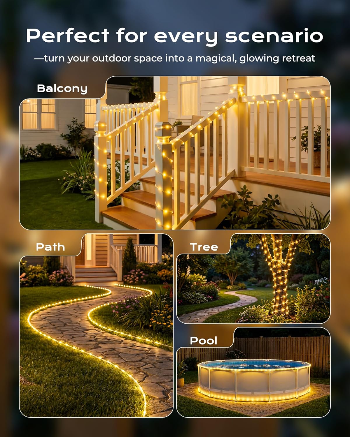 2Pack Total 78FT 200LED Solar Rope Lights, 8 Modes, Warm White