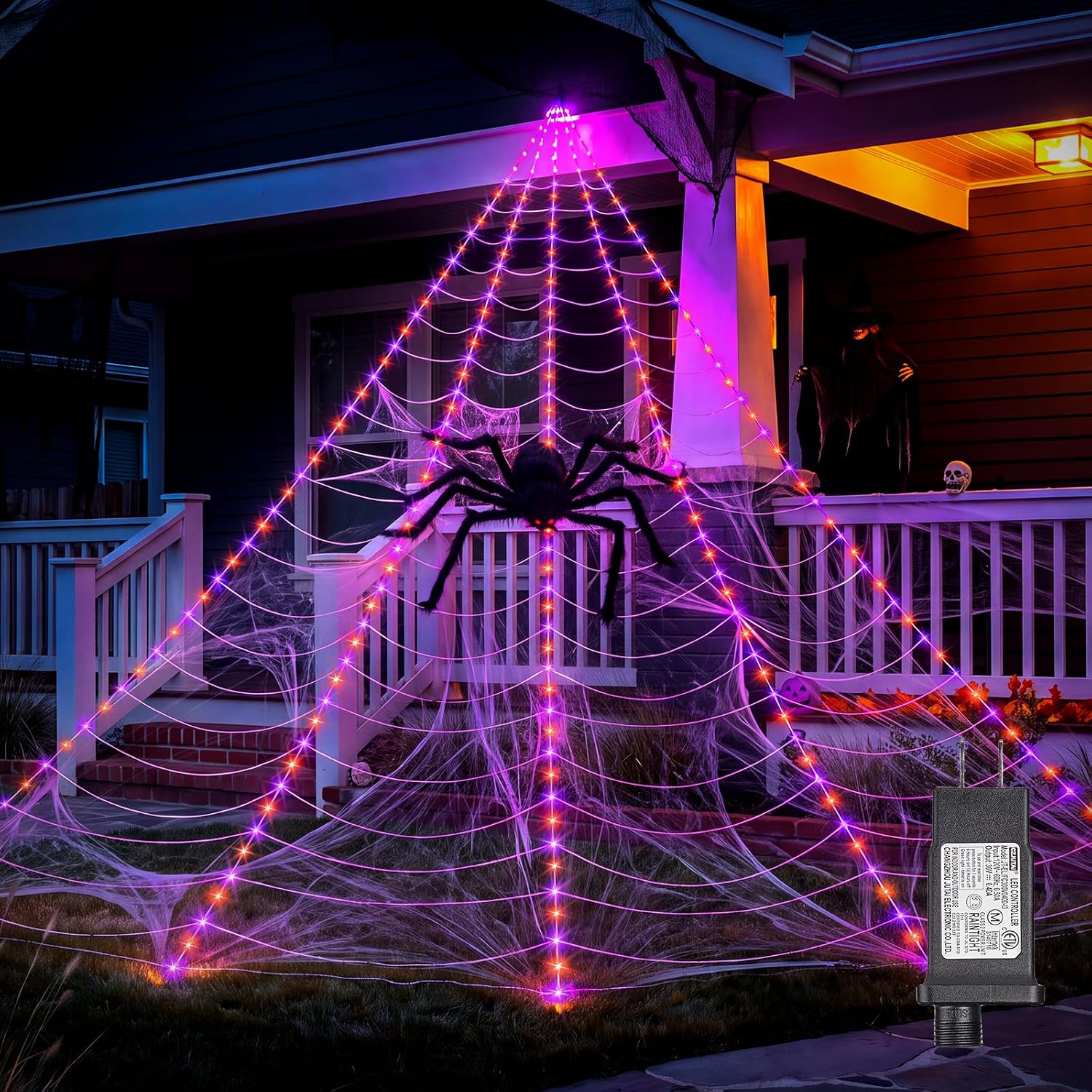 16.4Ft 225 LED Plug in Giant Spider Web Lights Set with Spider for Haunted House Halloween Decor
