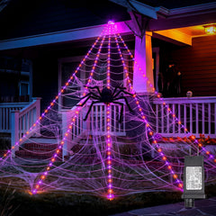 16.4Ft 225 LED Plug in Giant Spider Web Lights Set with Spider for Haunted House Halloween Decor