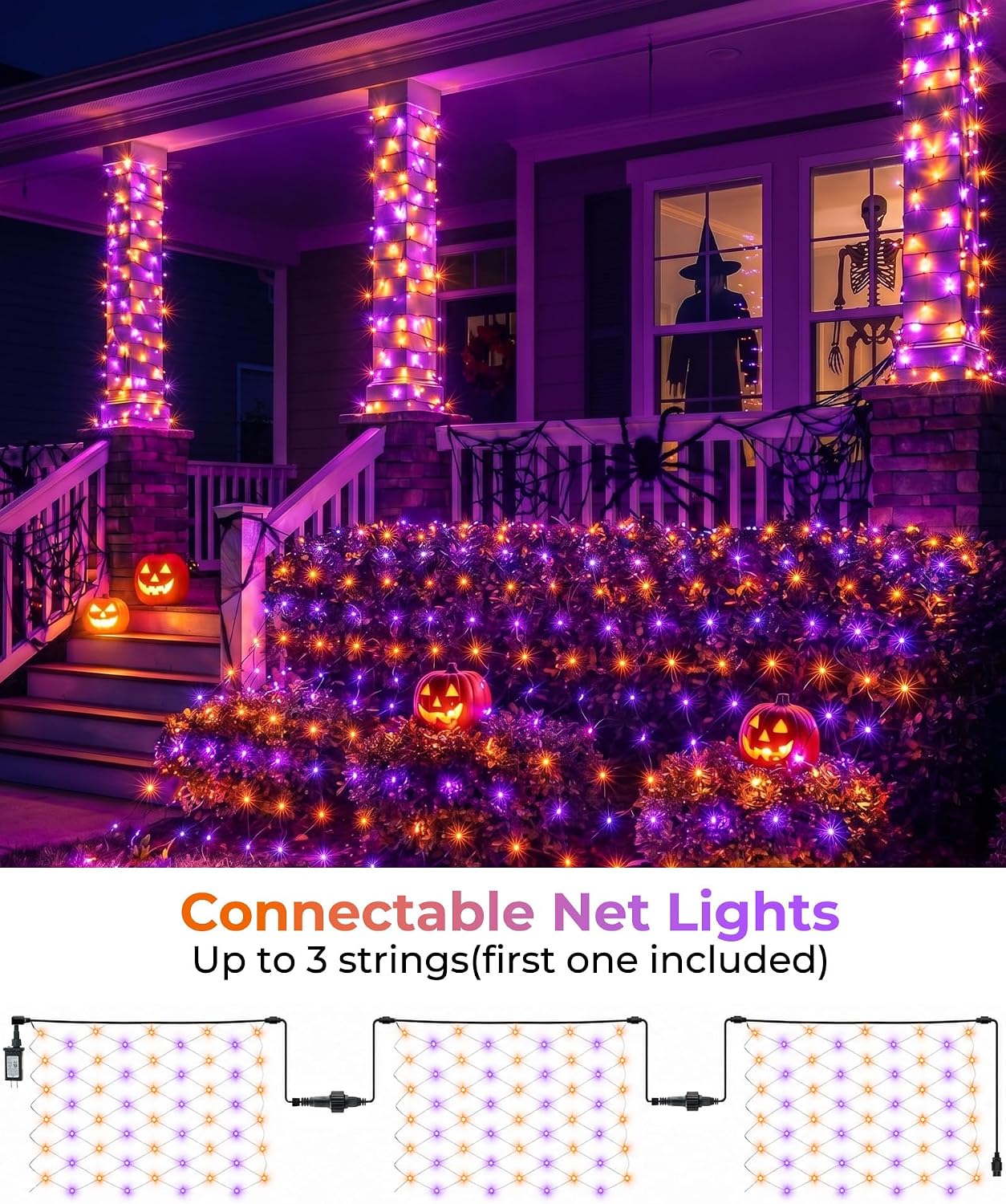 2 Pack 12×5FT 360 LED Halloween Net Lights Outdoor, 12 Light Modes & Timer, Orange & Purple