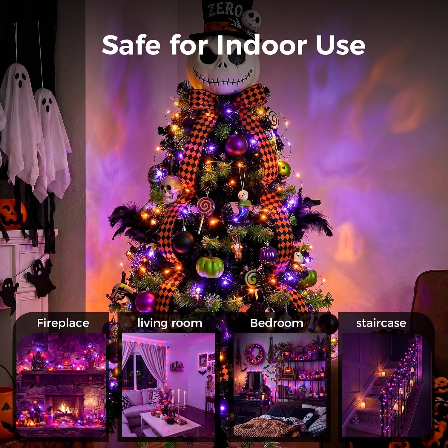 2Pack 16.4FT 50 LED Battery Operated String Light for Halloween Haunted House Party, Orange Purple