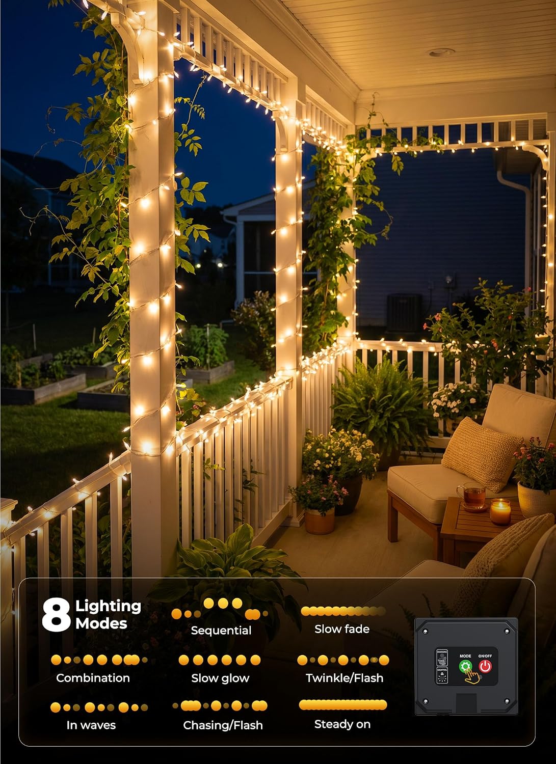 2Pack Total 92Ft 240 LED Solar Powered String Lights Outdoor for Garden Yard Patio Party Decor, Warm White