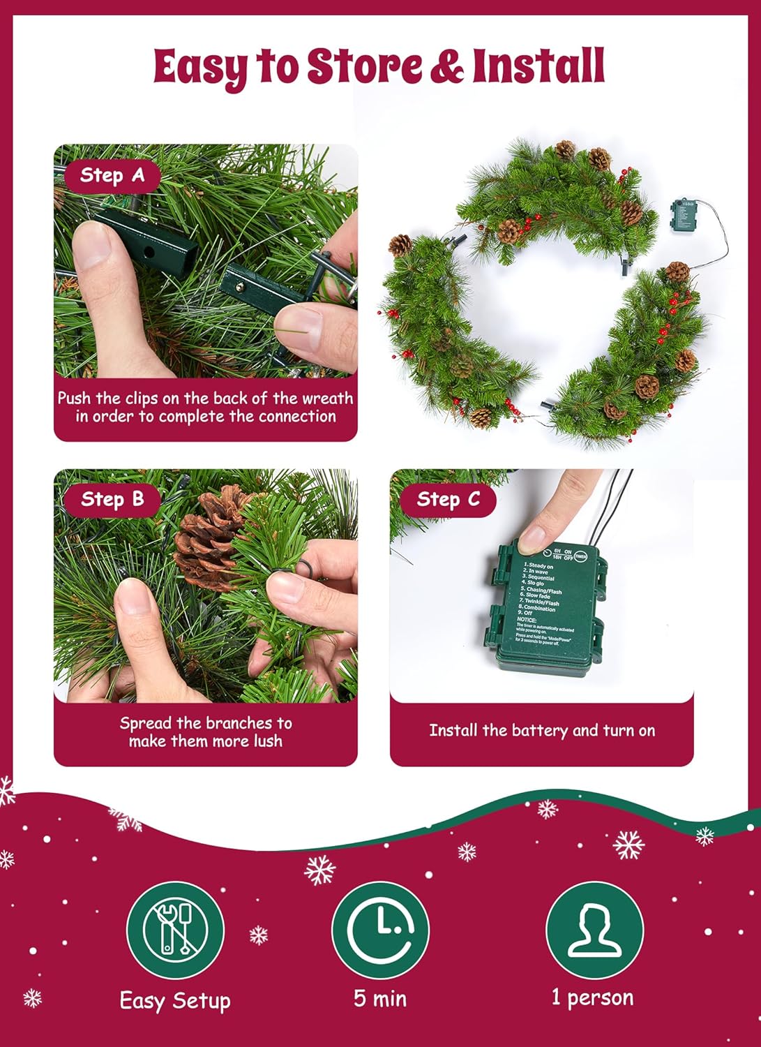 Brightown 24 Inch Pre-Lit Christmas Wreaths for Front Door, IP44 Battery Operated 50 LED Christmas Wreath, Decor with Pinecones Pine Needles Branches Red Berry Mini Bow for Front Door Wall Window