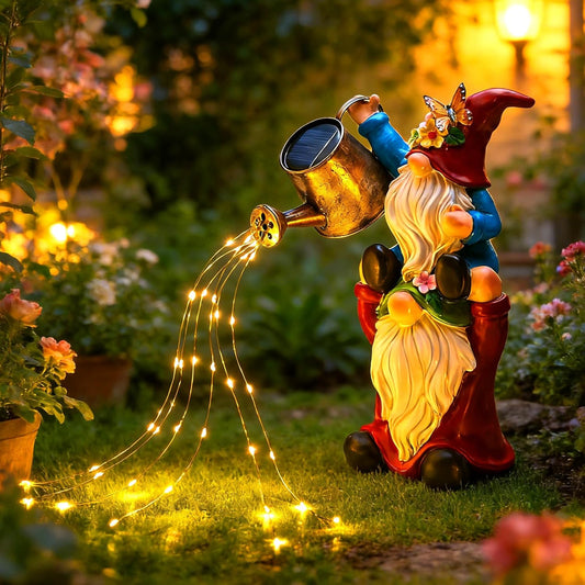 Solar Powered Gnome Statue with Watering Can Lights for Garden Backyard Decor