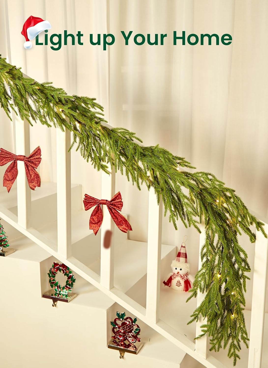 Christmas Garland with Lights, 6Ft Norfolk Pine Garlands, Battery Operated