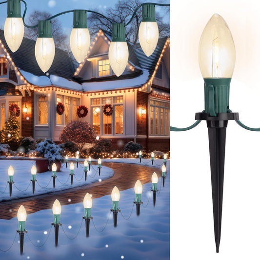 2 Pack Total 51.4 Ft Plug in 40 C9 LED Bulbs String Lights for Christmas Pathway, Warm White