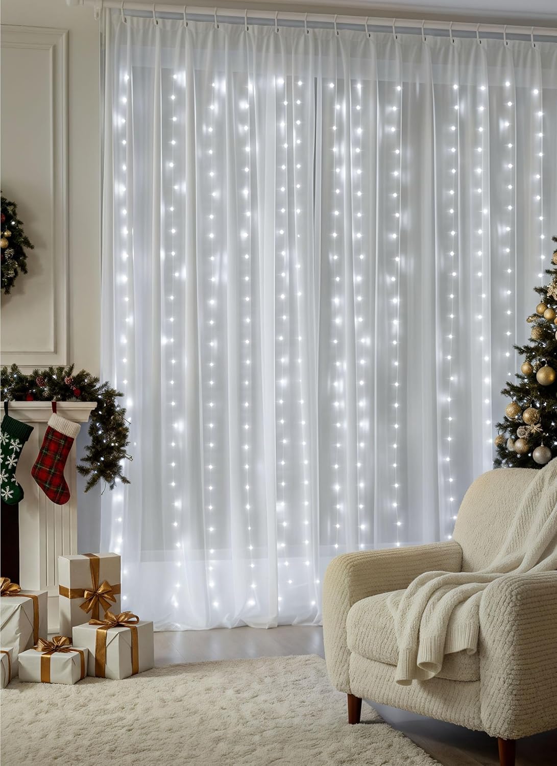 300 LED 9.8 FT USB Plug in Curtain Fairy Lights with Remote & USB Adapter, 8 Modes, White