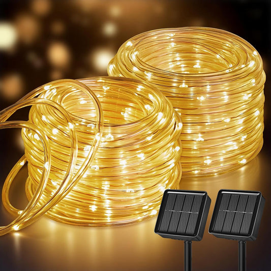 2Pack Total 78FT 200LED Solar Rope Lights, 8 Modes, Warm White