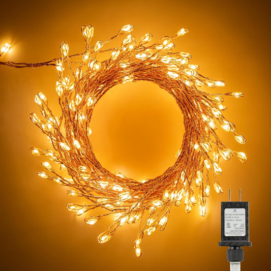 10Ft 200LED Plug In Copper Wire Cluster Firecracker Firefly Lights, Warm White
