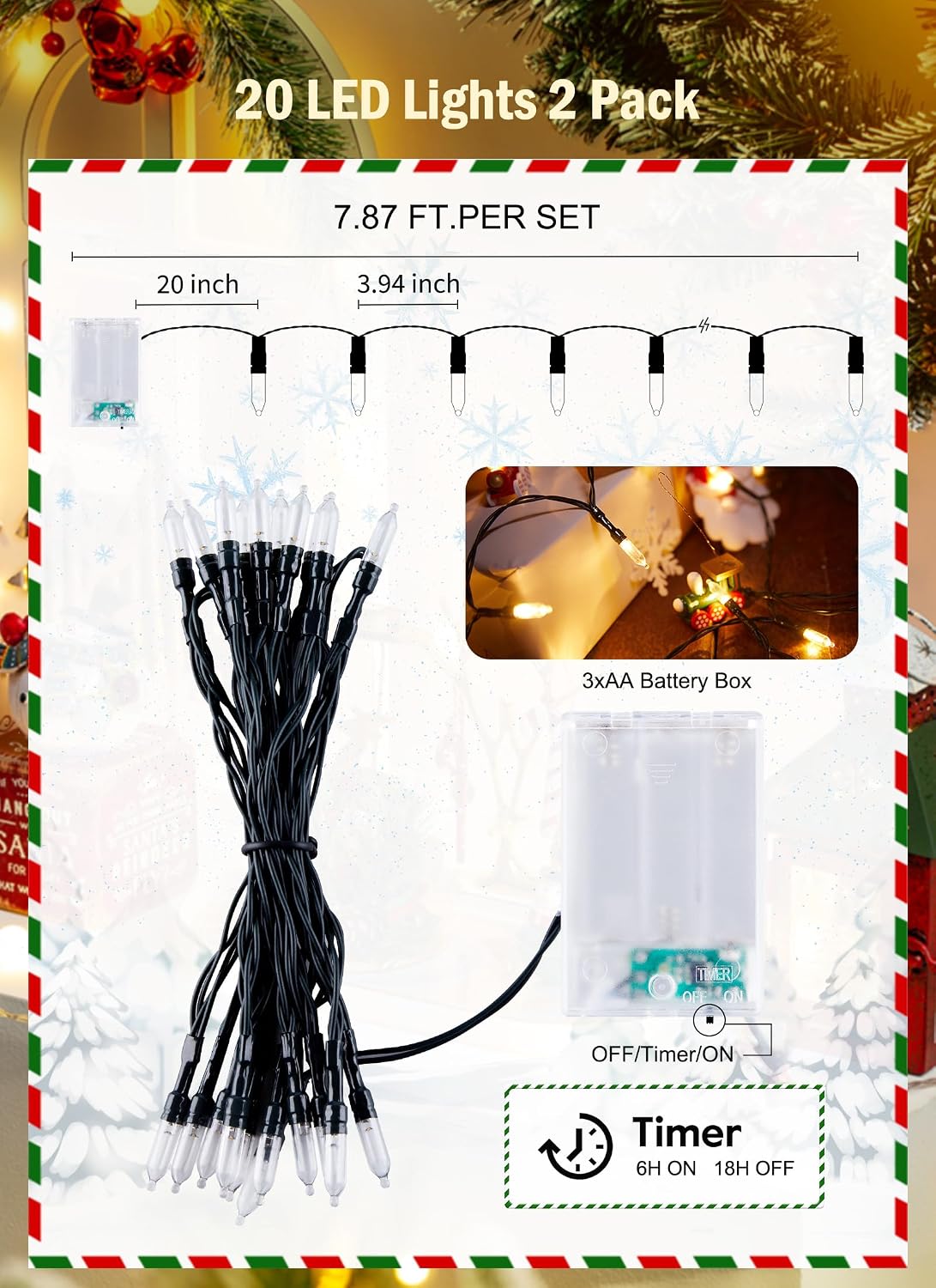 2Pack Plug in 8ft 20LED Mini String Lights for Christmas Party Holiday Xmas Decoration, Warm White