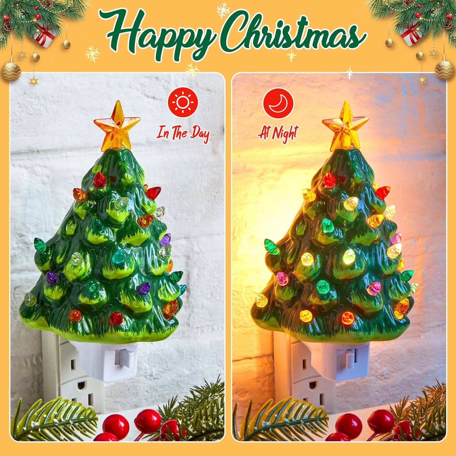2 Pack Vintage Christmas 6" Ceramic Tree Night Light with Star Topper for Xmas Bedroom, Green