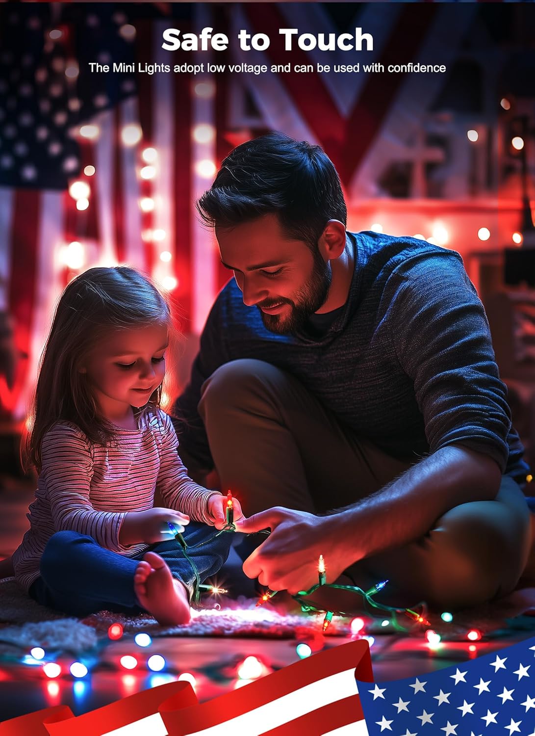 13ft 50 LED Plug in Red White Blue Mini Bulbs String Light for 4th July Independence Day, Green Wire