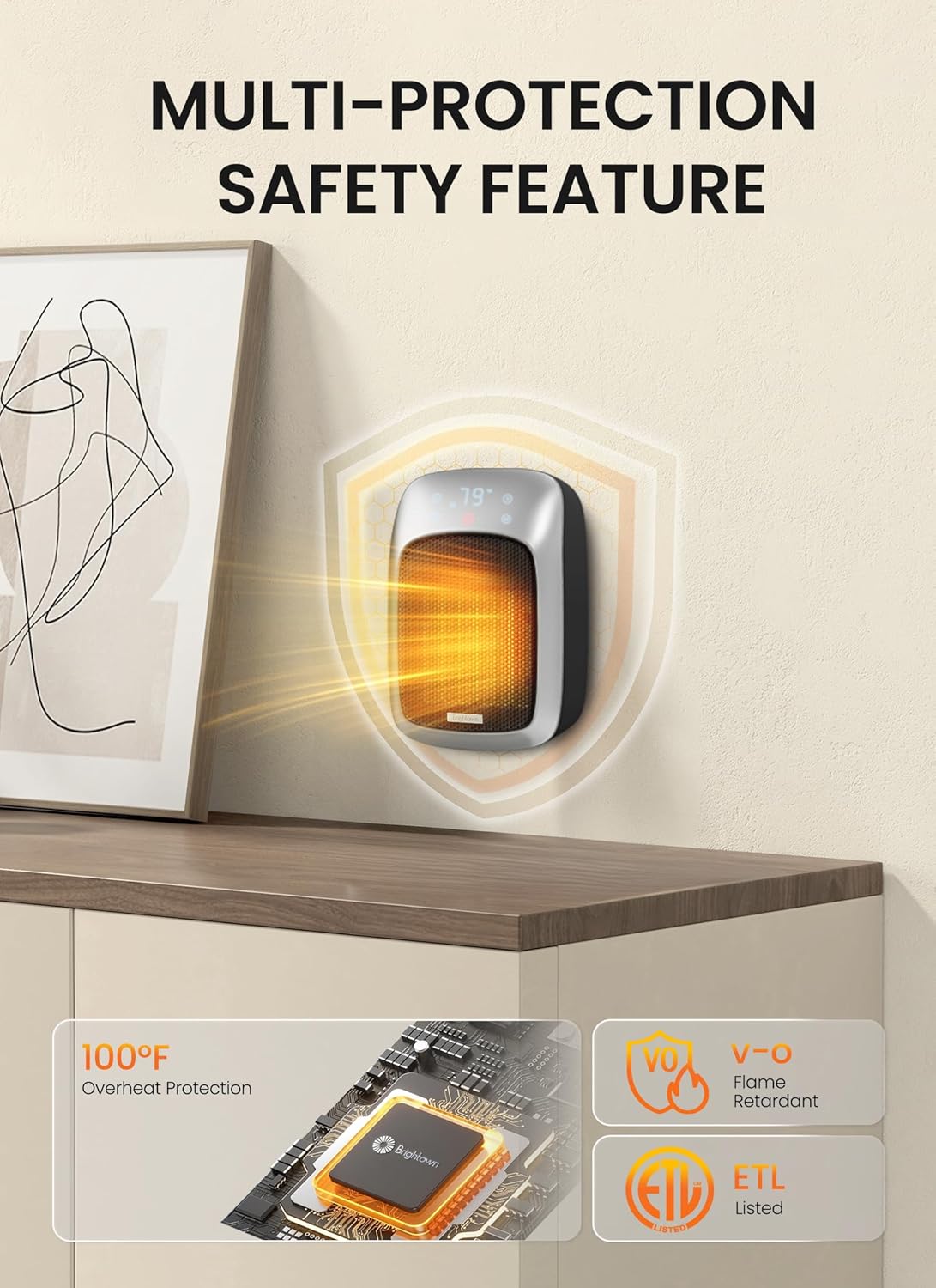 800W Small Wall Outlet Plug In Space Heater for Bathroom Office Bedroom Home