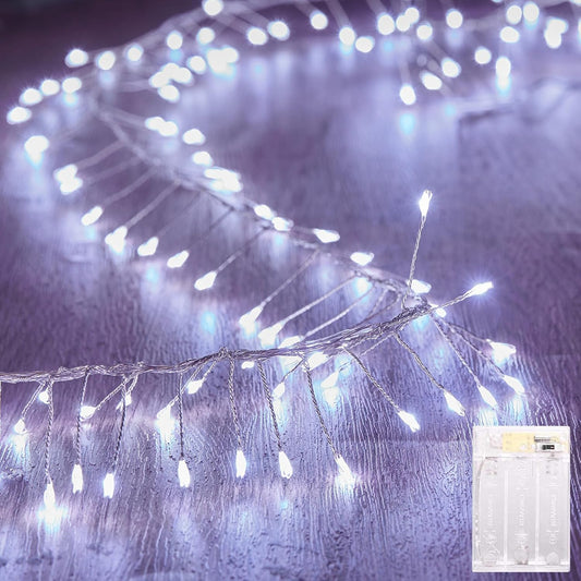 Pure White 10ft 120 LED Battery Operated Silver Wire Firecracker Cluster Lights for Christmas Wedding DIY Decor