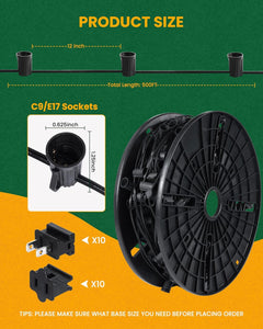 Commercial 250FT/500FT C9/E17 Christmas Light Sockets Set Spool, C9 String Light Stringer 12" Spacing Green Wire