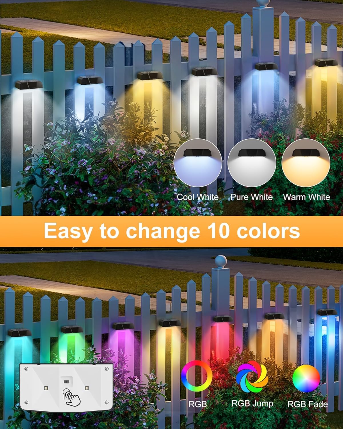 6 Pack Solar Powered Warm White & Cool White & 7 RGB Colors Fence Deck Lights for Patio Porch Garden
