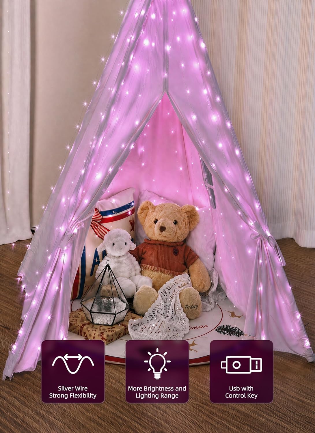 300 LED USB Powered Dimmable Window Curtain Lights with Remote, Pink