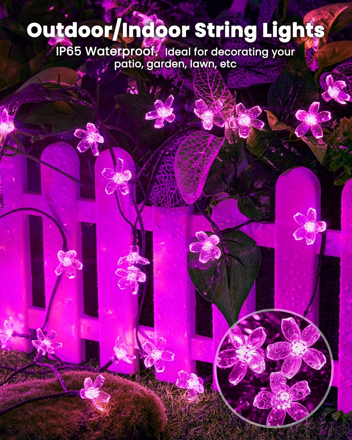Solar Powered 26ft 60 LED Flowers String Lights for Garden Yard Fence Decor, Purple