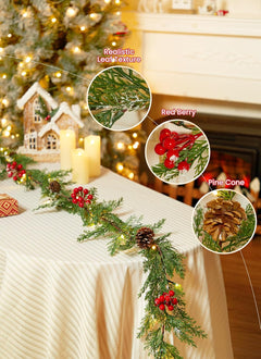Christmas Garland with Lights, 6Ft 20 LED Lighted Cypress Leaves Garland, Battery Operated Christmas Lights, 2 Pack