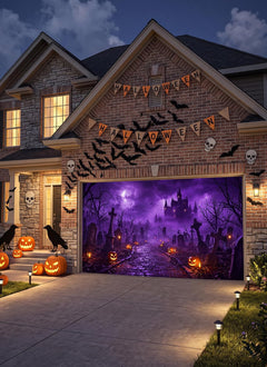 7x16ft Halloween Garage Cover for 2-Car Garage Door with Magnetic Hook and Ropes, Haunted Graveyard Castle