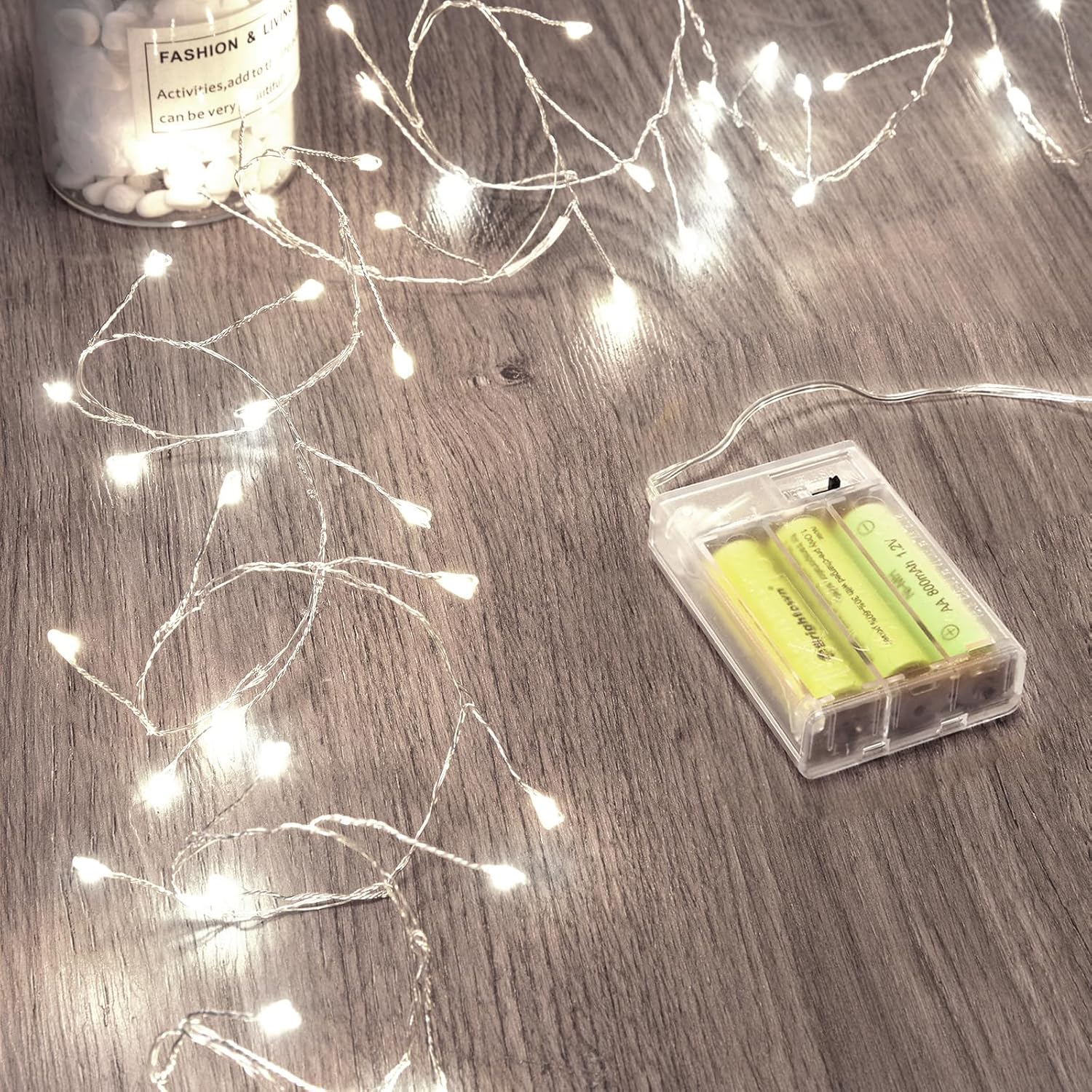 Pure White 5ft 60 LED Battery Operated Silver Wire Firecracker Cluster Lights