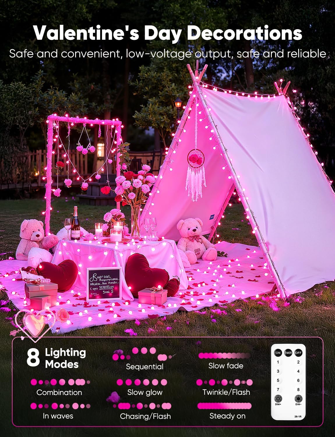 33ft 100 LED Plug In Mini Globe Fairy String Lights for Valentine Decor, 8 Modes, Pink