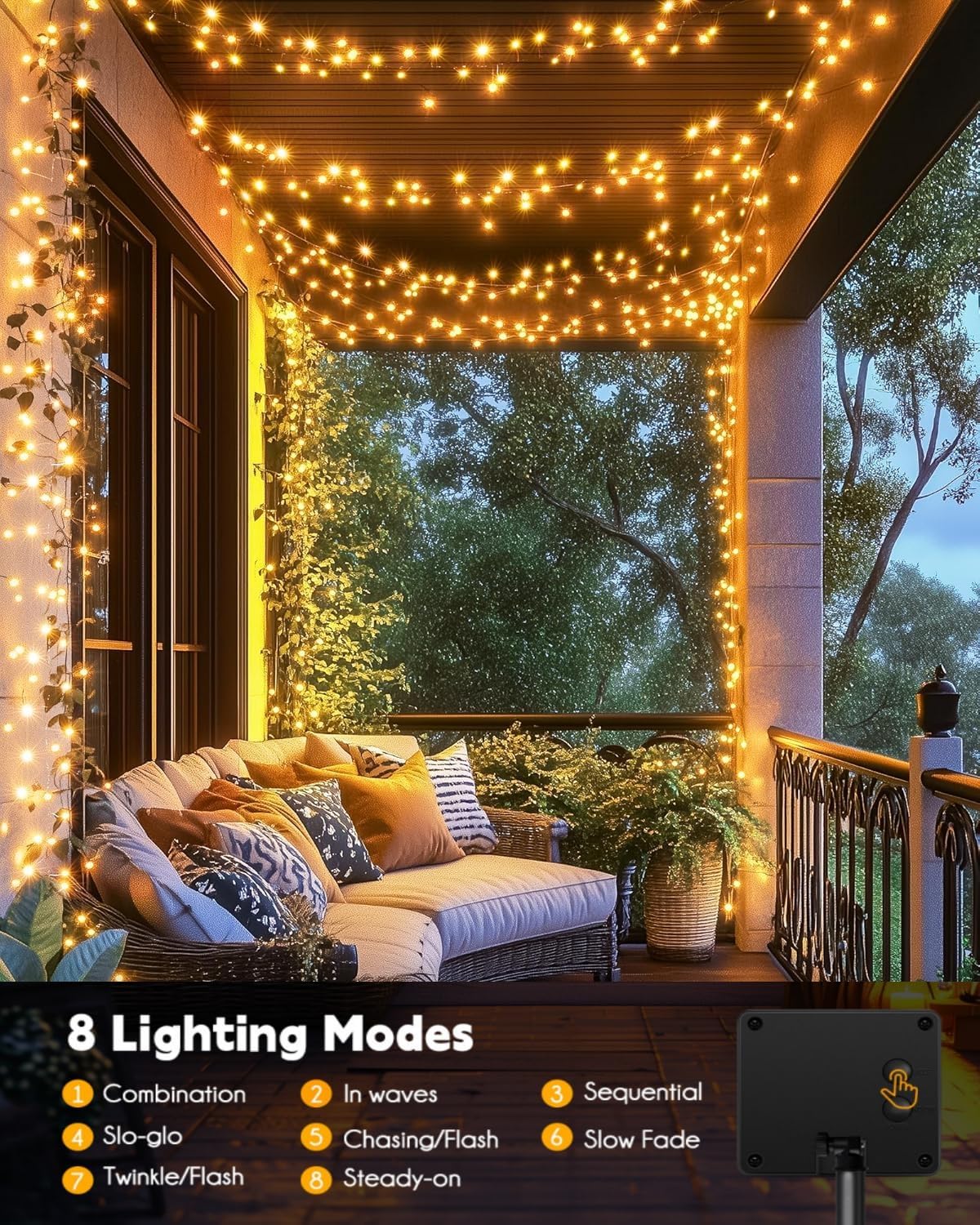 9.8ft Solar String Lights with 8 Modes, Waterproof & Warm White