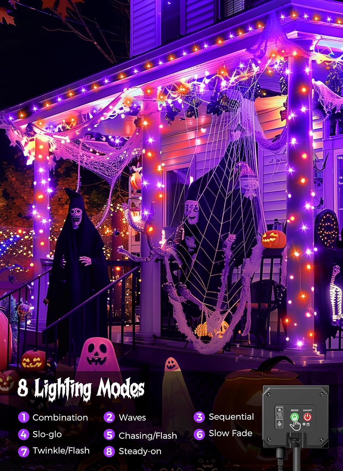 40FT 100 LED Solar String Lights for Halloween Haunted House Party, Black Wire, Orange & Purple