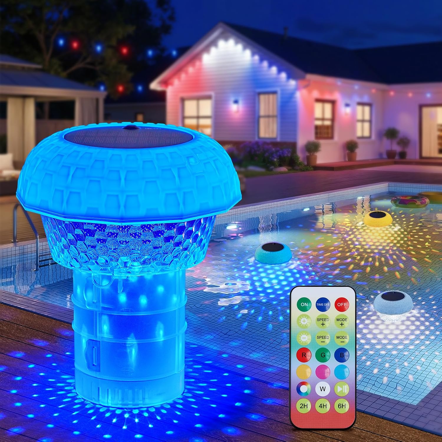 2 in 1 Solar Powered RGBWW Floating Pool Lights with Chlorine Floater & Remote, 20+ Light Effects