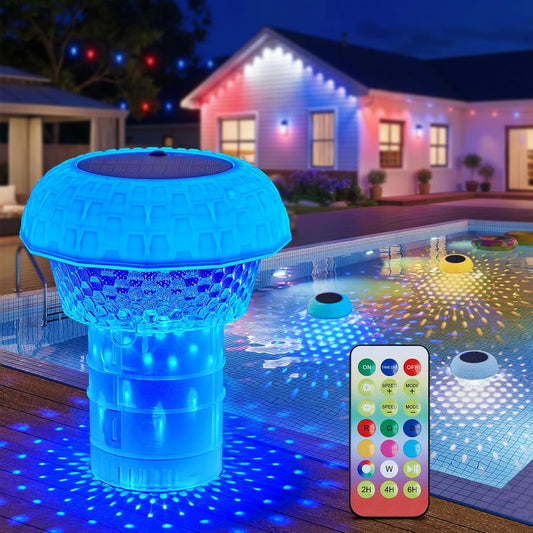 2 in 1 Solar Powered RGBWW Floating Pool Lights with Chlorine Floater & Remote, 20+ Light Effects