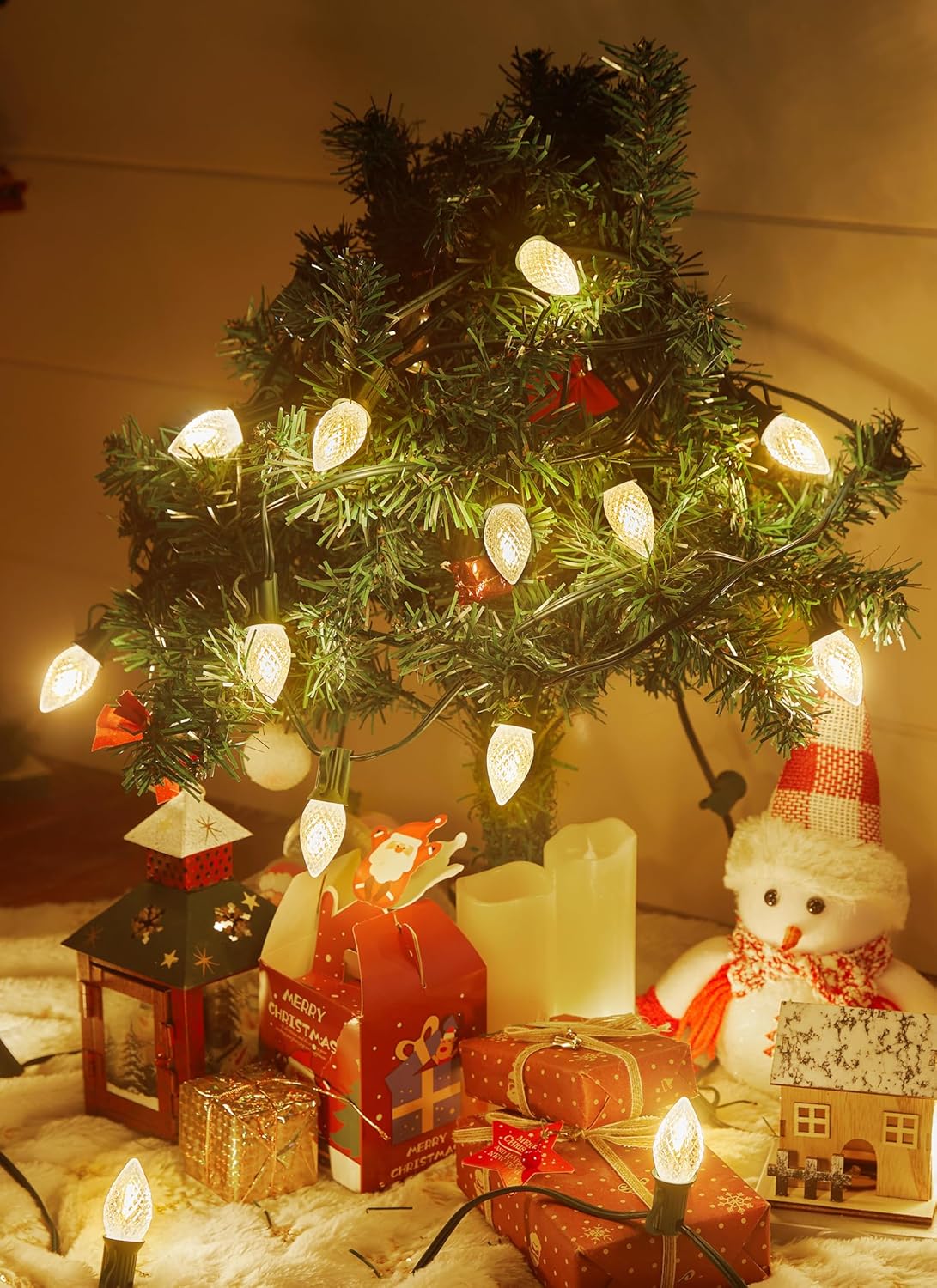 100FT C7 100 Bulbs LED Warm White Christmas Lights Outdoor for Christmas Tree Roofline Xmas