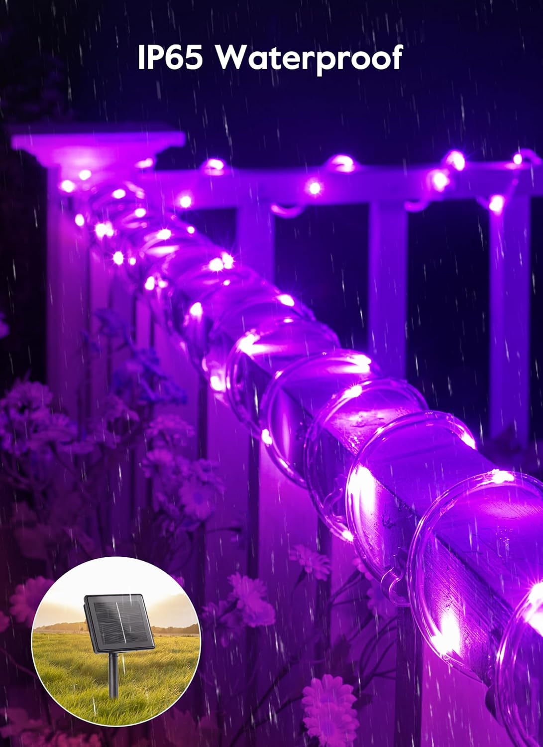 39FT 100LED Solar Rope Lights for Halloween Haunted House Party, 8 Modes, Purple
