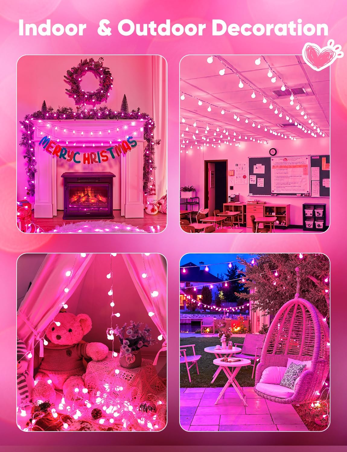 33ft 100 LED Plug In Mini Globe Fairy String Lights for Valentine Decor, 8 Modes, Pink