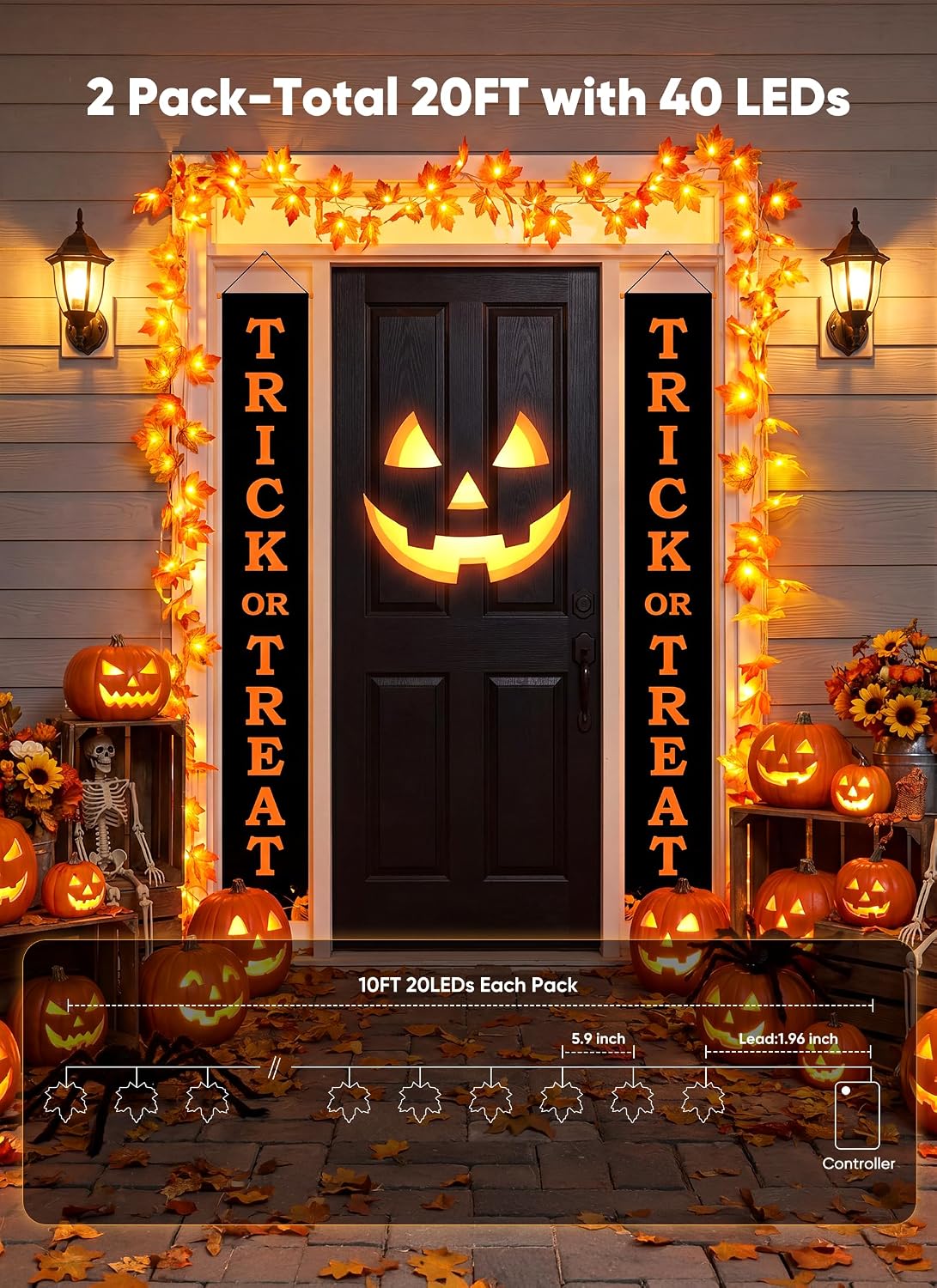 2Pack Total 20Ft 40LED Battery Operated Fall Garland with Lights for Halloween Autumn Fall Decor