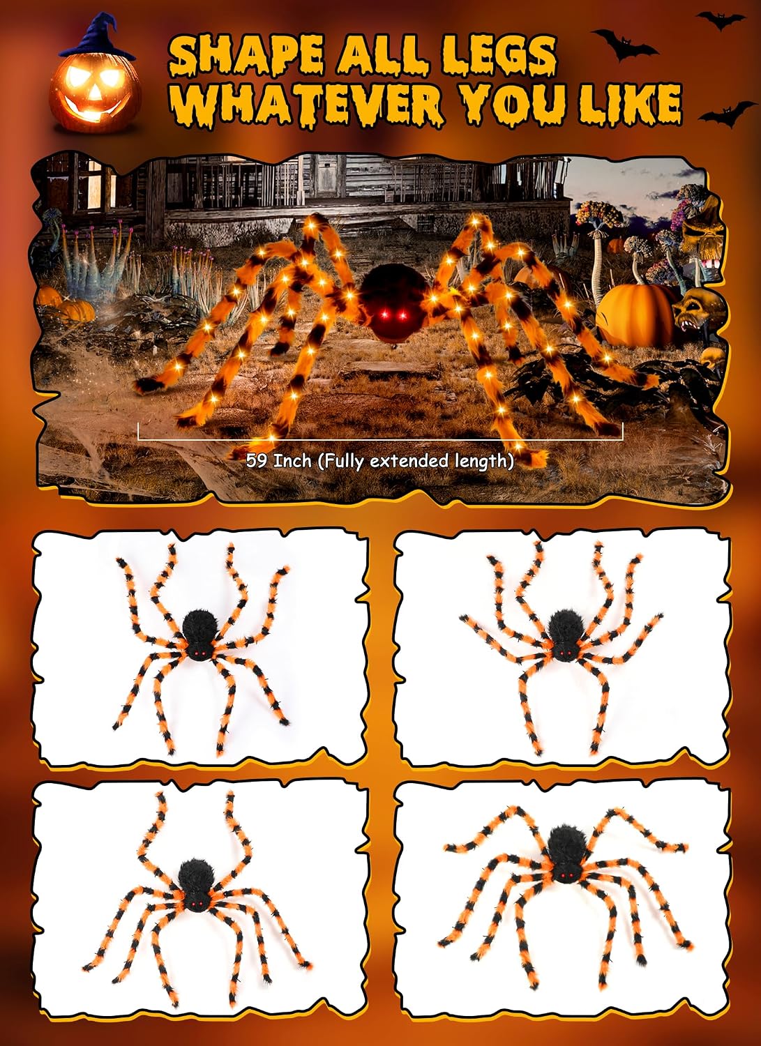 4.9 ft 38 LED Battery Oprated Light Up Black Hairy Giant Spider Halloween Decorations, Orange