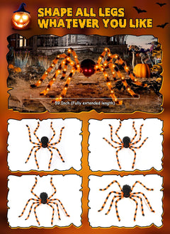 4.9 ft 38 LED Battery Oprated Light Up Black Hairy Giant Spider Halloween Decorations, Orange