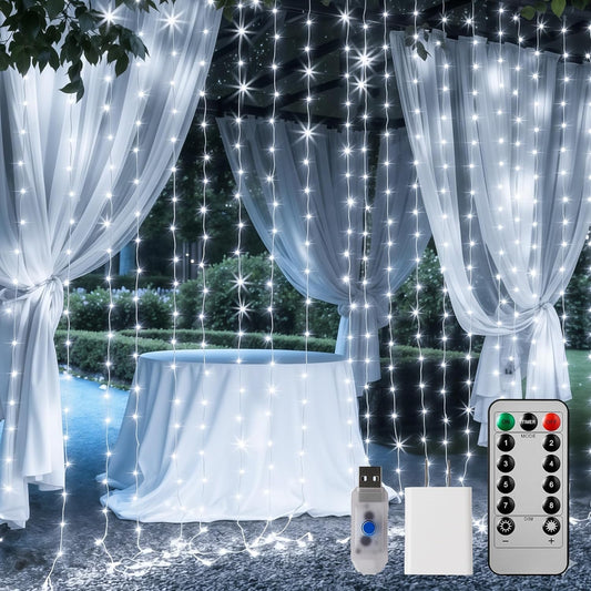300 LED 9.8 FT USB Plug in Curtain Fairy Lights with Remote & USB Adapter, 8 Modes, White