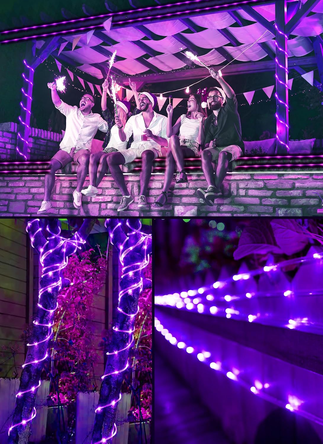 39FT 100LED Solar Rope Lights for Halloween Haunted House Party, 8 Modes, Purple
