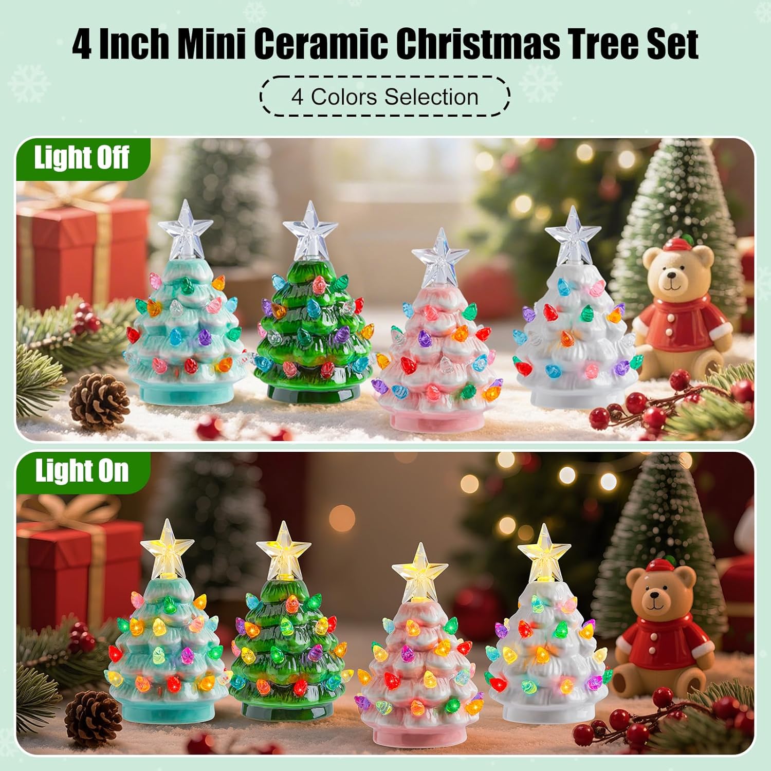4 Pack Christmas 4.3 Inch Mini Ceramic Tree Night Light with Star Topper for Xmas Bedroom, 4 Colors