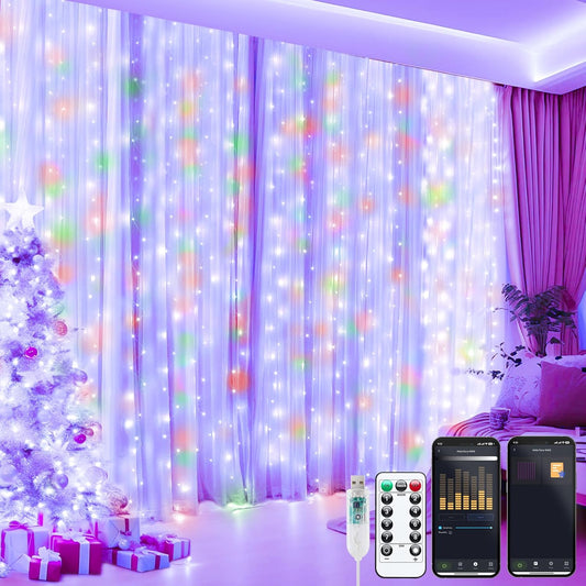 Smart Curtain String Lights - 9.8ft 300 LED Fairy Lights, USB Powered, Multicolor