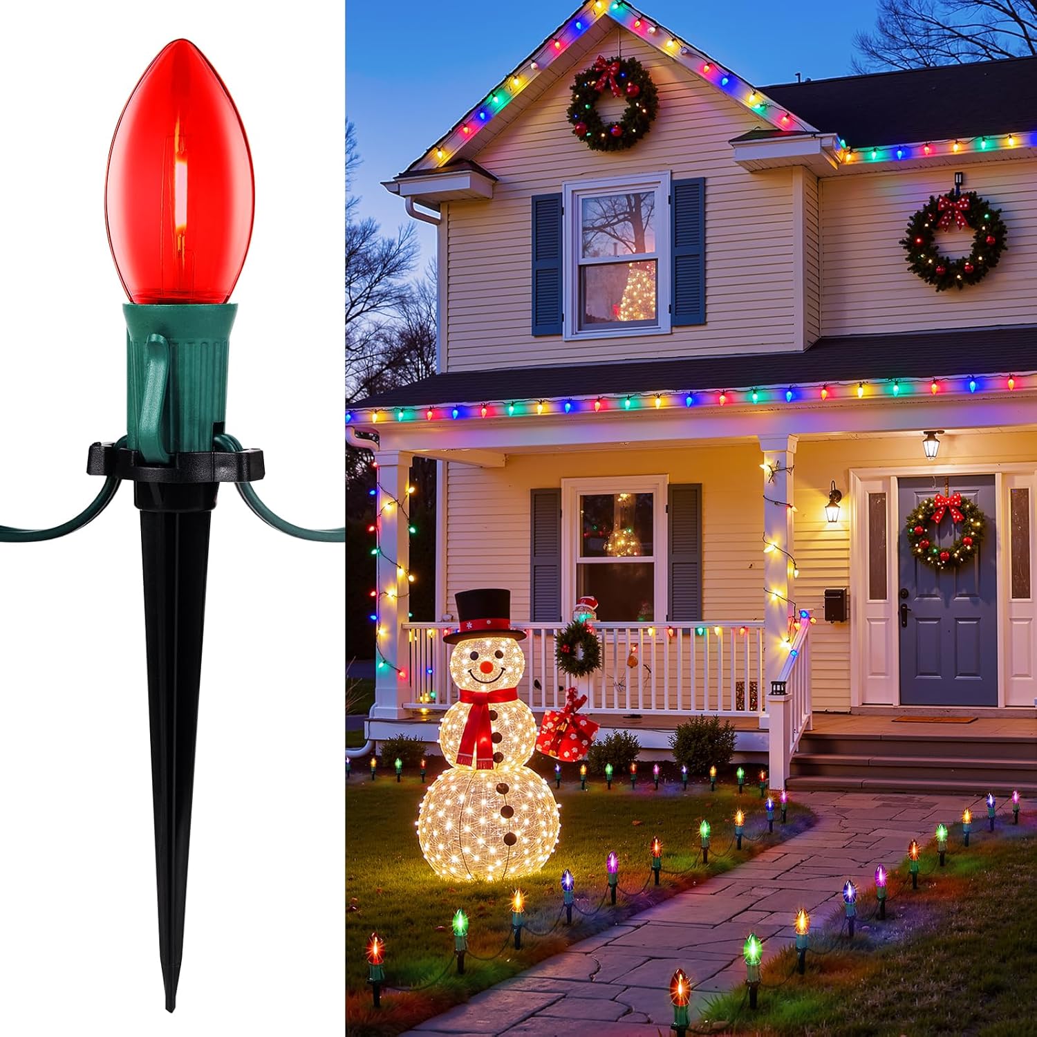 Christmas Pathway Lights with C9 LED Bulbs on Green Wire, Multicolor